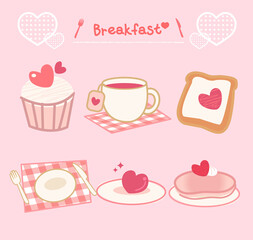 Valentine's day breakfast, coffee, tea, toast, dessert, cake, cutlery set and dessert combination, hand drawn style列印