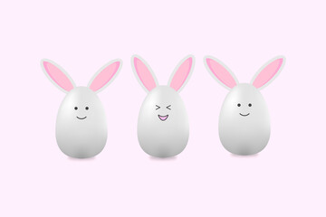 Easter card of three white eggs with bunny ears and different emotions on a pink background