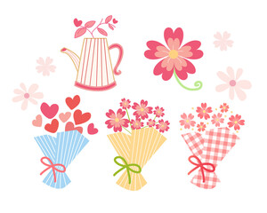 Spring bouquet of flowers. Valentines day, Wedding bouquet flowers, birthday bouquet flowers. Vector illustration in flat design