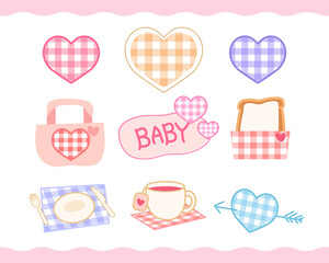Cute Valentine's Day plaid theme icon material set, love, bag, toast, tea and pink wavy edge