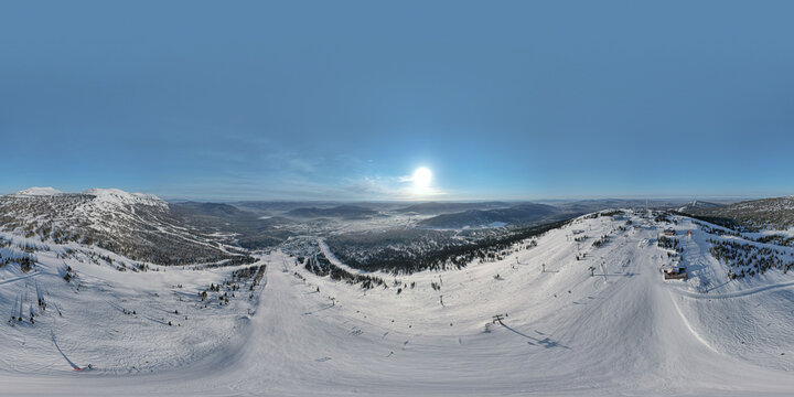 full 360 panorama: AIR VIEW photo of the winter ski resort of Sheregesh. a bird's-eye view of the ski complex with slopes and lifts