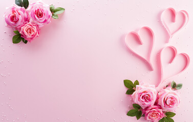 Happy Women's Day decoration concept made from rose flower and pink hearts on pastel background.