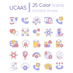 UCaaS RGB color icons set. Telecommunication system. Cloud delivered service tools. Isolated vector illustrations. Simple filled line drawings collection. Editable stroke. Quicksand-Light font used