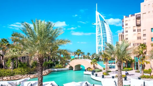 Timelapse view of the Burj al Arab luxury hotel seen from Medinat Jumeirah, Dubai