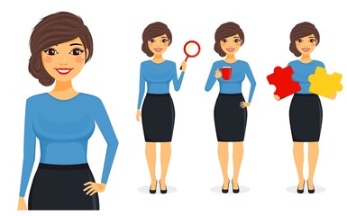 Set. A young girl businessman stands with a Cup of coffee, a magnifying glass, puzzles. Business concept. Office work. Business and Finance. Flat style on white background. Cartoon.