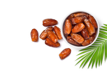 Top view of dried Date palm fruits isolate on white background.