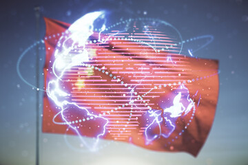 Double exposure of abstract digital world map hologram with connections on Chinese flag and sunset sky background, big data and blockchain concept