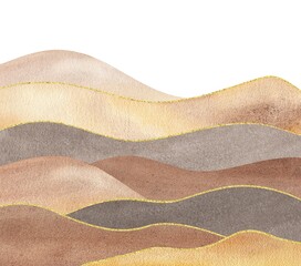 watercolor shapes of wavy mountain silhouette, paper textured background with hues of sepia, yellow, gold and brown