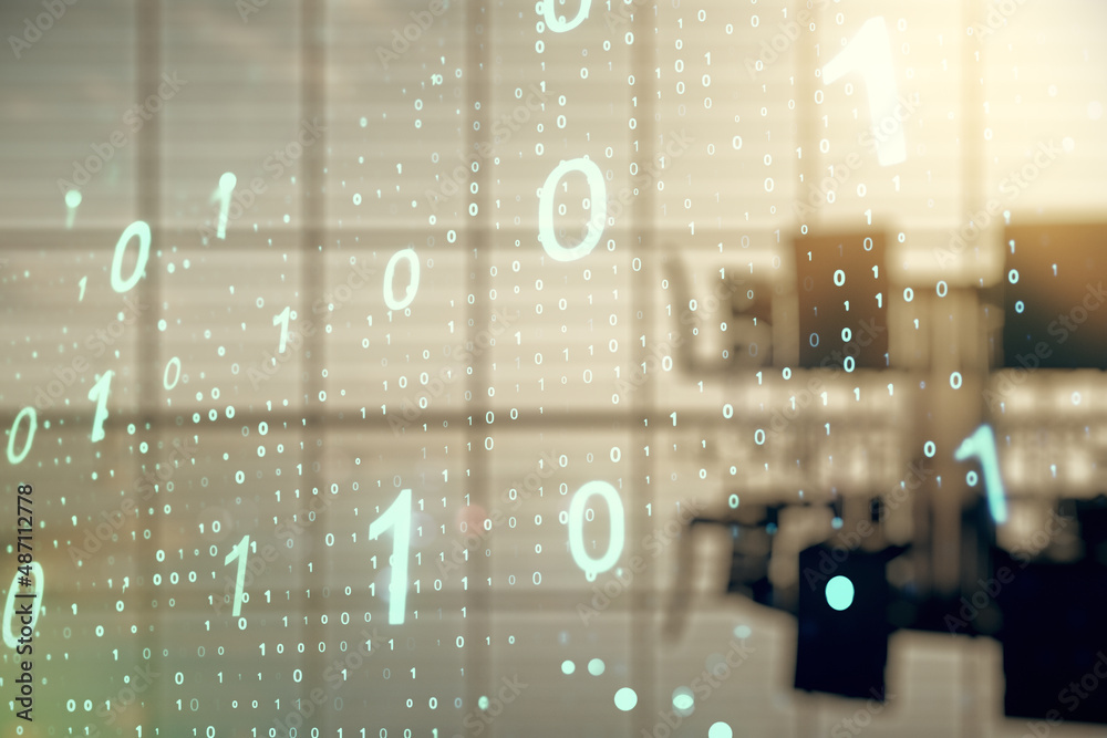 Poster abstract virtual binary code sketch on a modern boardroom background, hacking and matrix concept. mu