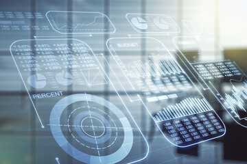Double exposure of abstract virtual statistics data hologram on a modern meeting room background, statistics and analytics concept