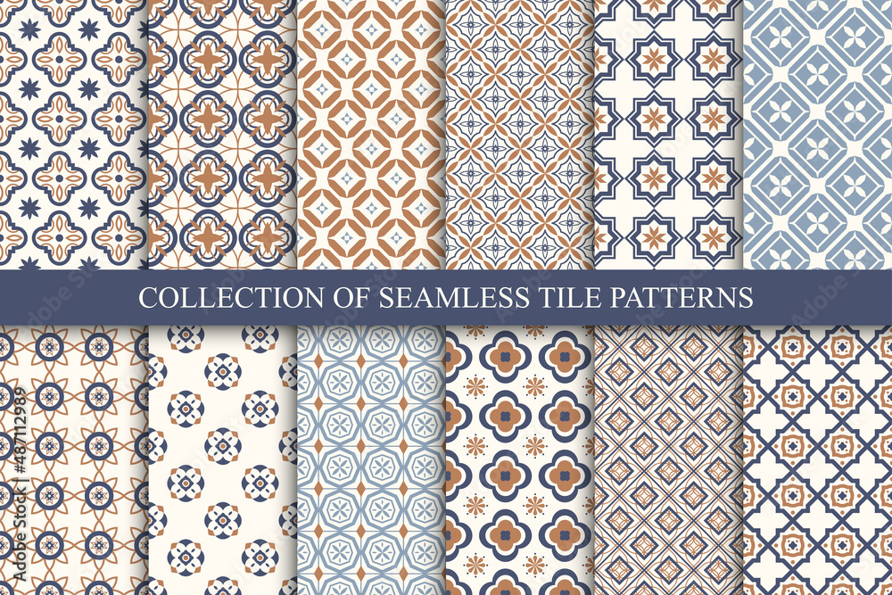 Poster Collection of vector seamless geometric elegant patterns - color tile textures. Decorative tileable endless backgrounds. Repeatable symmetric prints