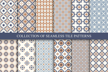 Collection of vector seamless geometric elegant patterns - color tile textures. Decorative tileable endless backgrounds. Repeatable symmetric prints