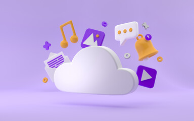 Cloud storage Media Platform, online social communication applications concept, message, music, video platform, notification and chat bubble floating on bright violet background. 3d rendering