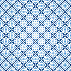 Vector seamless ornamental geometric pattern - blue and white tile texture. Creative tileable endless background