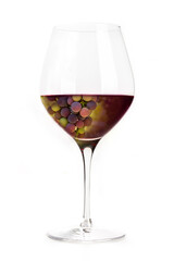 Red wine grapes in a glass, creative collage. Wineglass, isolated on a white background