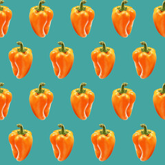Illustration realism seamless pattern vegetable paprika orange color on a blue background. Sweet bell pepper. High quality illustration