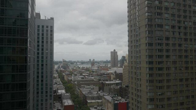 New York city buildings from hotel window reveal