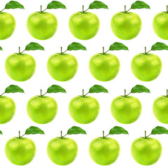 Illustration realism seamless pattern fruit apple green color on a white isolated background. High quality illustration