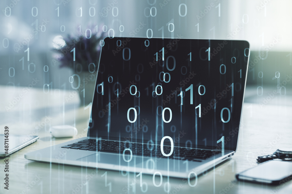 Aufkleber creative concept of binary code illustration on modern laptop background. big data and coding concep