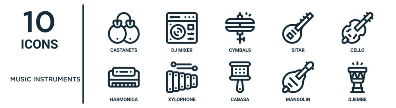 music instruments outline icon set includes thin line castanets, cymbals, cello, xylophone, mandolin, djembe, harmonica icons for report, presentation, diagram, web design