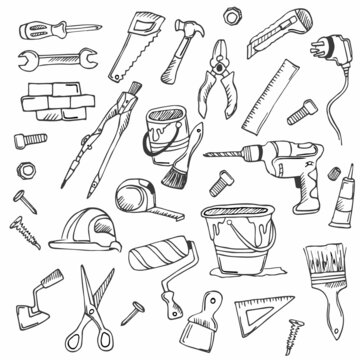 Big doodle set of home repair tools in doodle style. hand and electrical tools, wall painting and woodwork tools, different screwdrivers, drills, hammers, bolts, nails and nuts, measuring tools.