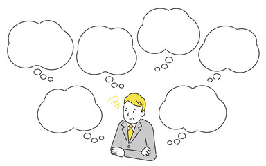 こんなお悩みありませんか？のイラスト（中年ビジネスマン）、吹き出し付き、ベクター