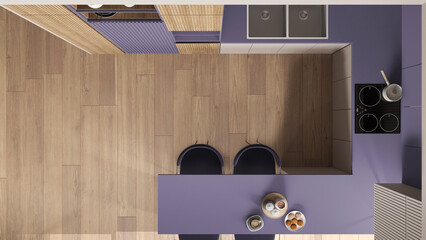 Cozy liliac and wooden kitchen in modern apartment, dining table, chairs. Sink, induction hob with pot, breakfast with cookies and cappuccino. Top view, plan, above, interior design