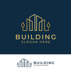 Fototapeta premium building city real estate logo element, realty property investment logo design with check icon for hotel, business invest