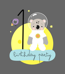 Birthday Party, Greeting Card, Party Invitation. Kids illustration with Cute Cosmonaut Koala and an inscription one. Vector illustration in cartoon style.