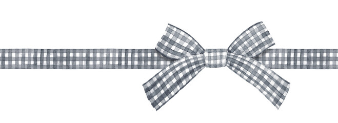 Seamless buffalo checkered plaid ribbon decorated with beautiful knotted bow. Black and white pattern. Hand drawn watercolour graphic sketch, isolated clip art element for festive design and decor. - 487116739