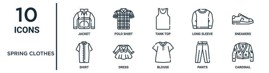 spring clothes outline icon set includes thin line jacket, tank top, sneakers, dress, pants, cardinal, shirt icons for report, presentation, diagram, web design