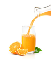 Pouring orange juice into the glass isolated on white background.