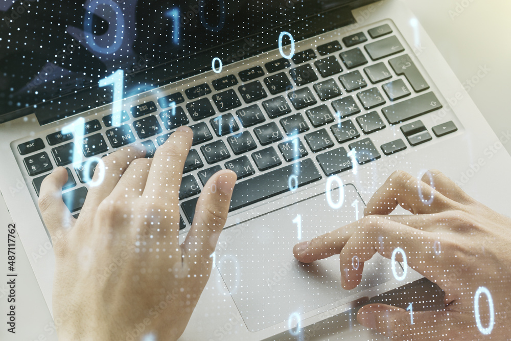 Aufkleber creative abstract binary code sketch and hands typing on computer keyboard on background, hacking an