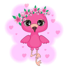 Pink flamingo, exotic tropical bird, cute cartoon character, Cute illustration, print for textile, t-shirt