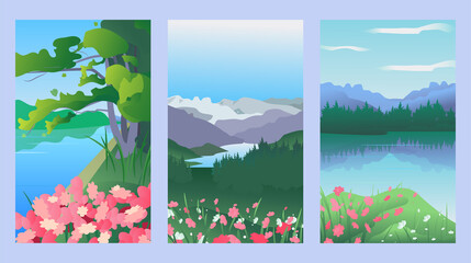 Fototapeta premium Collection of mountain and river spring flower landscapes for banner, web site, social media. Editable vector illustration 