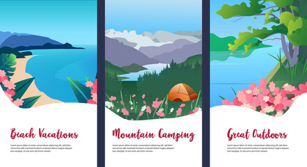 Collection of mountain, river and ocean spring flower landscapes for banner, web site, social media. Editable vector illustration 