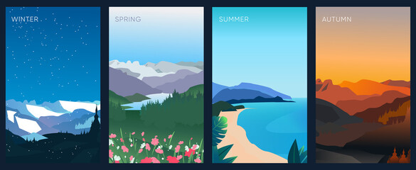Set of graphic season landscapes. Editable vector illustrations. Winter, spring, summer, autumn. Sunset, sunrise, water and mountain landscape