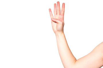 Un brazo de una mujer haciendo el gesto con la mano del número cuatro. Mano femenina con la palma...