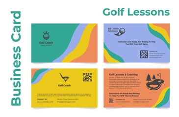 Collection golf lessons business card vector illustration. Set certified sport coach at school