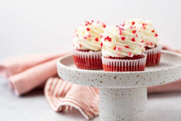 Red velvet cupcake with cream cheese frosting and red hearts sprinkles on the top. Valentine's Day concept. Selective focus.