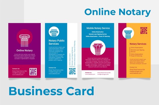 Online Notary Vertical Business Card Collection Vector Illustration. Professional Legal Consultation