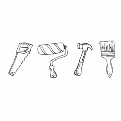Repair instruments doodle icons set in vector. Hand drawn repair equipments icons collection. Collection of doodle construction equipments.
