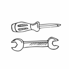 Set of hand drawn doodle vector Tools Screwdriver and Wrench