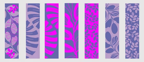 Cercles muraux Pantone 2022 very peri Set of vector bookmarks or banner. Abstract leaves, branches and tropical plants . Design in trendy colors 2022 Very Peri. Can be used background, poster, cover.