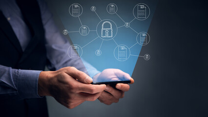 man holding phone with network security concept