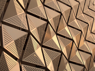 metallic geometric cladding or panels in copper and gold colors