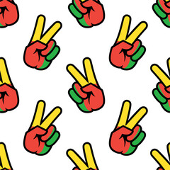 Fototapeta premium Benin flag in the form of a peace sign. Seamless background. Gesture V victory sign, patriotic sign, icon for apps, websites, T-shirts, souvenirs, etc., isolated on white background