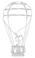 Fototapeta na wymiar Person Flying in Air Balloon From Soap Bubble , Vector Cartoon Stick Figure Illustration