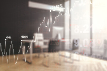 Multi exposure of abstract financial diagram and modern desk with computer on background, banking and accounting concept