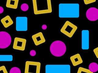 Black background with colorful 90s themed geometric figures.